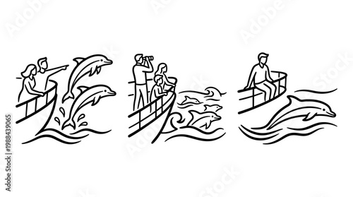 Dolphins leaping from the ocean with people on a boat.