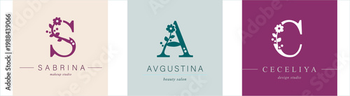 Logo S, A, capital letter C. Monogram of Botanical Minimalistic, Initial. with Organic Plant Elements. chamomile, Dandelion. Vector design.