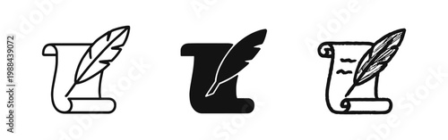 Parchment Scroll and Feather Quill Icon Set in Three Unique Drawing Styles