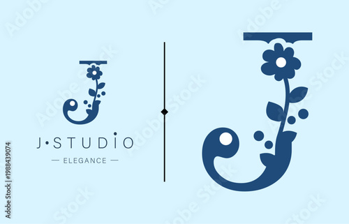 Logo, capital letter J. Monogram of Botanical Minimalistic, Initial. with Organic Plant Elements. chamomile, Dandelion. Vector design. for tattoo studio
