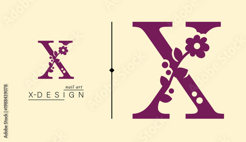 Logo, capital letter X. Monogram of Botanical Minimalistic, Initial. with Organic Plant Elements. chamomile, Dandelion. Vector design. for tattoo studio
