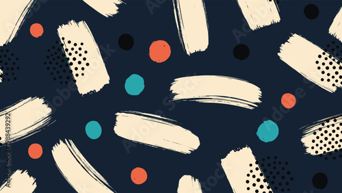 An abstract seamless pattern featuring bold brush strokes, scattered dots, and vibrant circles in beige, orange, blue, and black on a deep dark blue background.