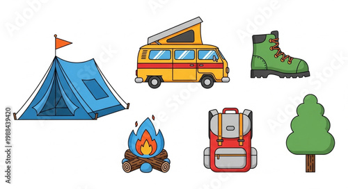 Camping gear and equipment illustration for outdoor adventures.