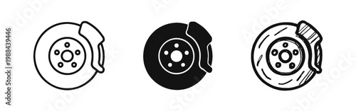 Car Brake Disc and Caliper Icon Set with Different Line and Fill Styles
