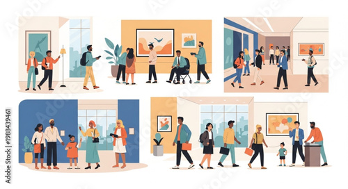 People Visiting Art Gallery Exhibition Viewing Paintings.