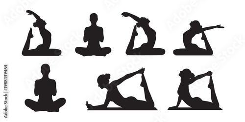 Minimalist yoga exercise silhouette icons for meditation and healthy lifestyle.