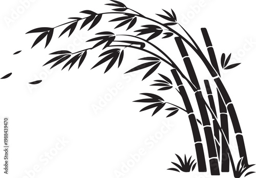 black silhouette of bamboo stalks bending in wind 