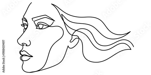 Minimalist continuous line art illustration featuring the profile of a woman with flowing hair. isolated on white background, Vector, illustration