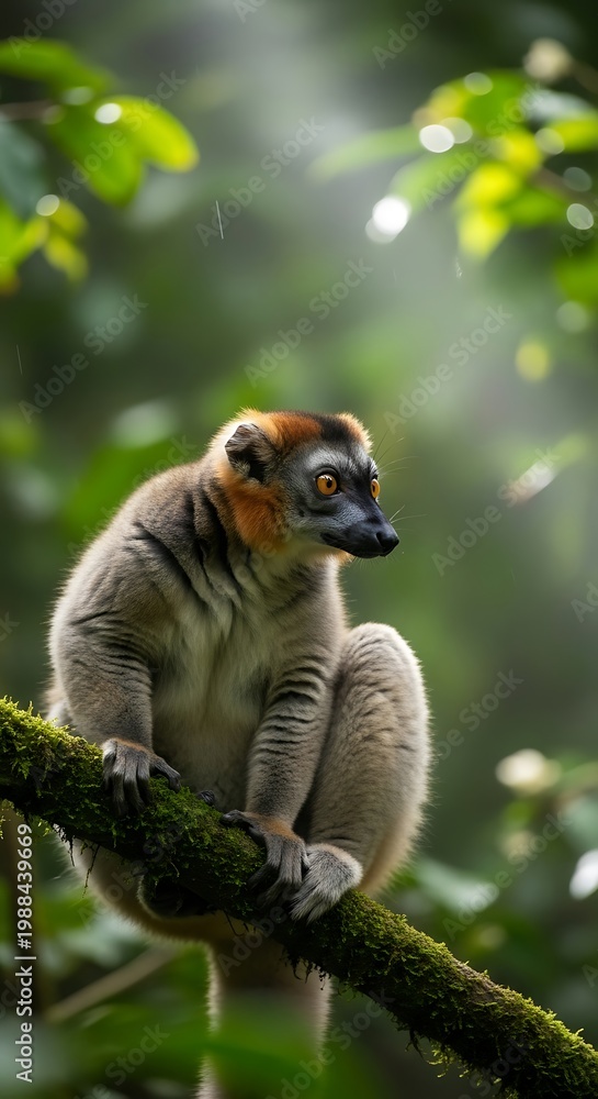 Fototapeta premium Lemur perched on a mossy branch in a lush forest, focused and alert.