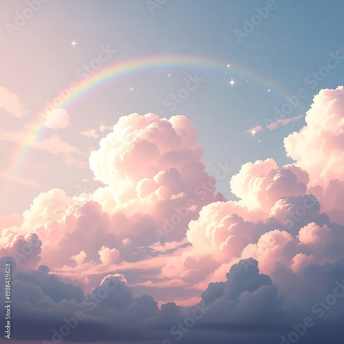 Dreamy Sky with Rainbow and Pink Clouds - A Whimsical Landscape.