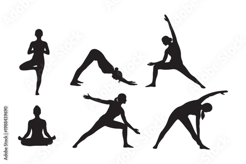 Set of women yoga poses silhouettes for wellness and fitness concept.