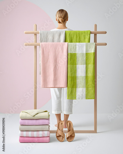 Minimalist Wardrobe Organization with Pastel Linens and Woman