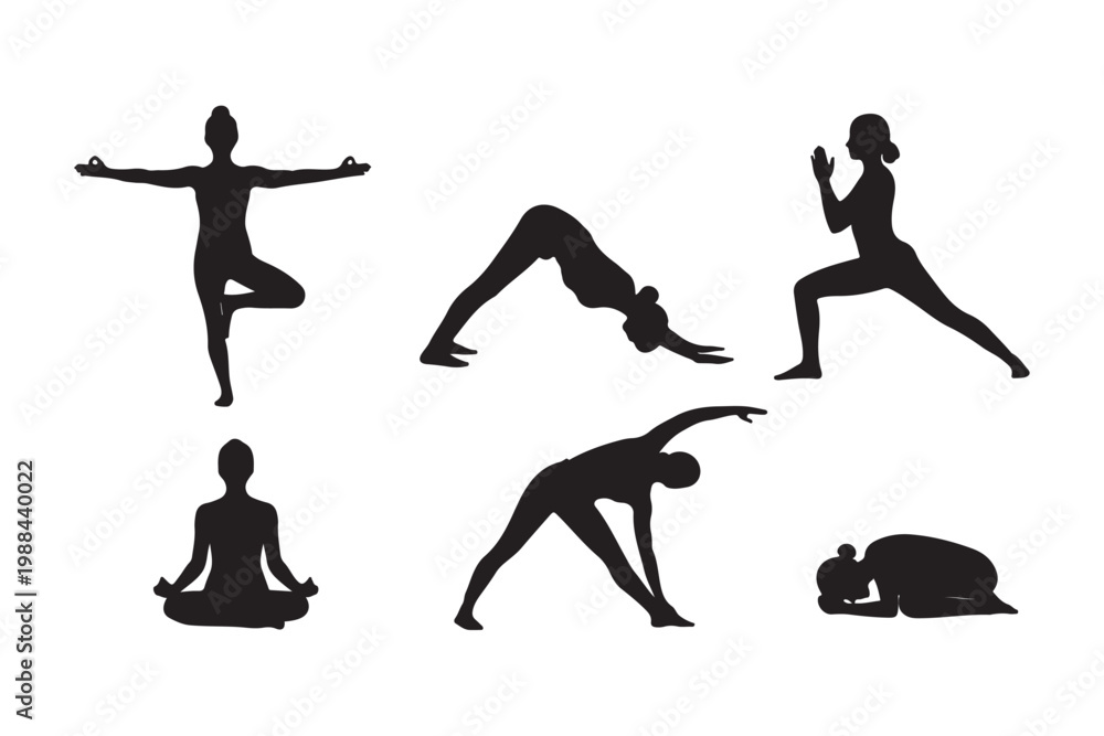 Obraz premium Set of yoga poses silhouettes for health and wellness concept.