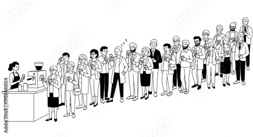 People waiting in line at a counter for service.