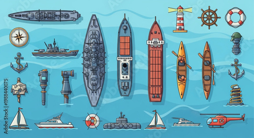 Collection of various nautical vessels and maritime symbols.