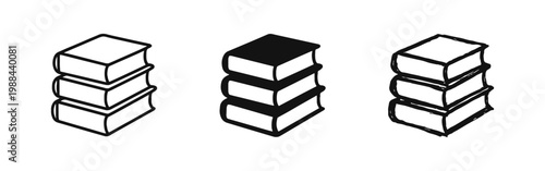 Stack of books icon set for library or education in outline, solid, and hand-drawn styles