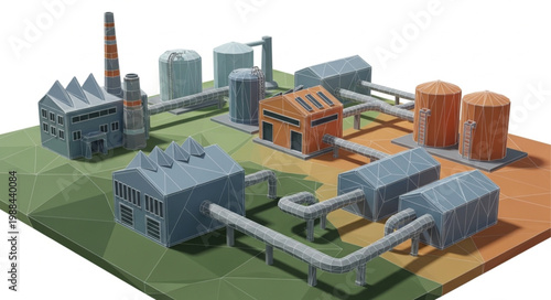 Miniature Industrial Factory Complex with Pipes and Tanks.