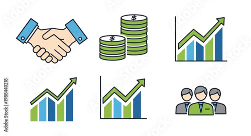 Business Icons Representing Finance Growth and Partnership.