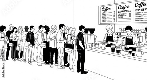 People Waiting in Line at Coffee Shop Counter.