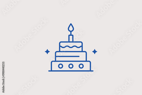 Three-tier birthday cake line icon for grand celebrations and wedding anniversary parties. Festive Vector Illustration for catering service portfolios and dessert table planning guides.