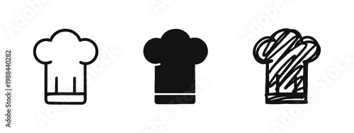Chef hat icon set for restaurant and catering in outline, solid, and hand-drawn styles