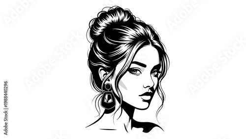 Elegant Woman Portrait, Updo Hairstyle, Glamorous Makeup, Fashion Earrings, Black and White Sketch