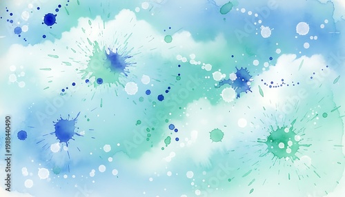 Light blue and green watercolor background with splatters background design paint splatt