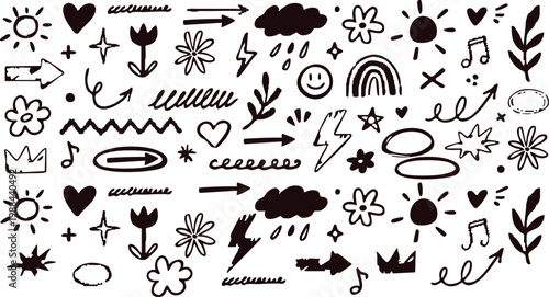 Collection of cute hand drawn black doodle icons with hearts flowers rainbows and speech bubbles on white, concept for bullet journal decoration, digital stickers and scrapbook design
