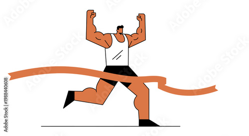 Muscular Athlete Crossing Finish Line Vector Illustration, Achievement and Success Concept