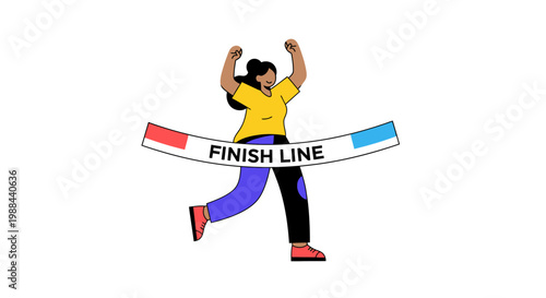 Successful Woman Crossing the Finish Line Illustration, Victory Celebration and Achievement Concept