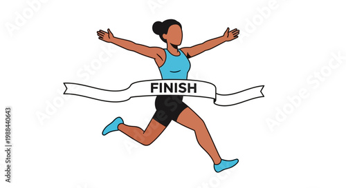 Black Female Runner Crossing the Finish Line with Raised Arms, Symbolizing Success and Goal Achievement, Minimalist Vector Illustration on White Background