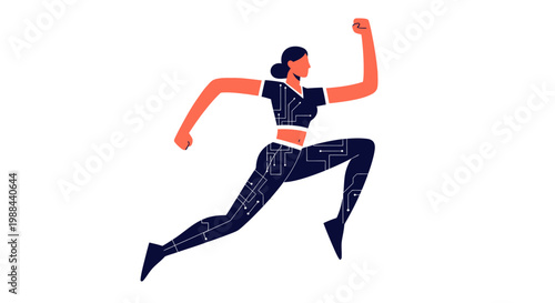Digital Fitness Illustration of a Woman Running with Integrated Circuitry for Technology and Biohacking Concepts