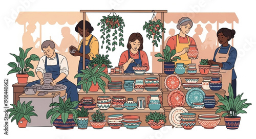 People working at a plant and pottery market stall.