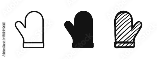 Oven mitt kitchen glove icon set for baking in outline, solid, and hand-drawn styles