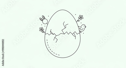 Cracked Easter Egg with Chicks and Flowers Illustration.