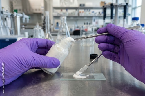 Laboratory Technician Applying Cream Sample on Glass Plate for Scientific Testing