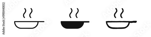 Frying pan icon set with steam for cooking in outline, solid, and hand-drawn styles