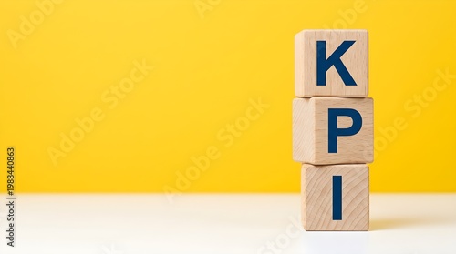 Professional Minimalist Eye-Level Shot Featuring Stack of Wooden Blocks Spelling KPI Against Vibrant Yellow Background with Light Grained Wood on Smooth White Surface Creating Balanced photography