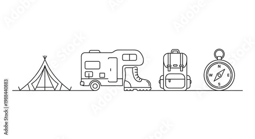 Camping and hiking equipment arranged in a line.