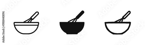Mixing bowl and whisk icon set for baking in outline, solid, and hand-drawn styles