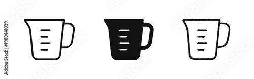 Measuring jug icon set with volume scale in outline, solid, and hand-drawn doodle styles