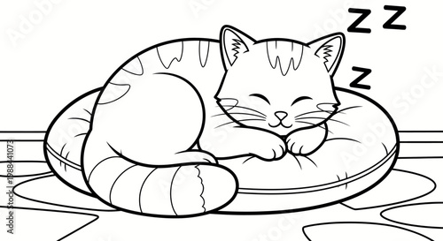 sleeping cat cartoon illustration on pillow for kids coloring book or pet relaxation concept
