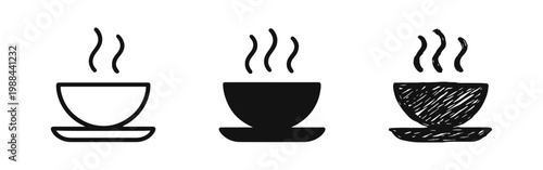 Hot soup bowl icon set with steam on saucer in outline, solid, and hand-drawn styles