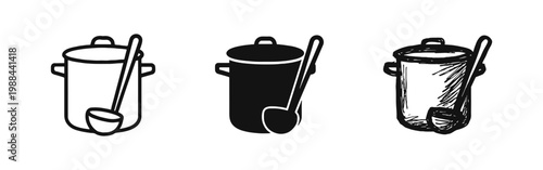 Cooking Pot and Ladle Icons Set in Outline, Solid, and Hand-Drawn Sketch Styles
