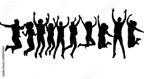 Group of people joyfully jumping in unison against a plain background isolated on transparent background, Vector