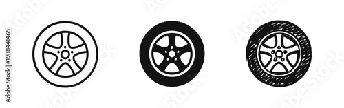 Car Tire and Wheel Icons Set in Outline, Solid, and Hand-Drawn Sketch Styles