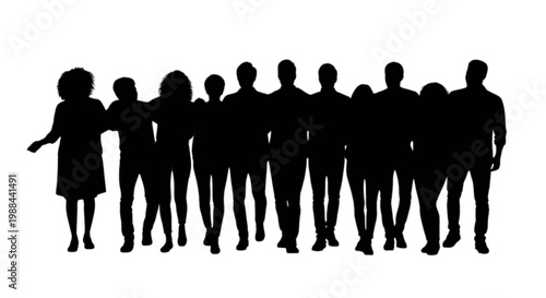 Diverse group of silhouetted people standing closely together isolated on transparent background, Vector