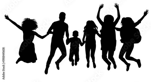 Family enjoying a joyful moment together in mid-air celebration isolated on transparent background, Vector