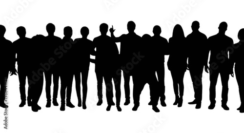 Silhouettes of a group of people standing closely together in a line isolated on transparent background, Vector