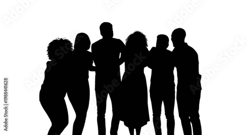 Group of silhouetted people standing closely together in unity isolated on transparent background, Vector